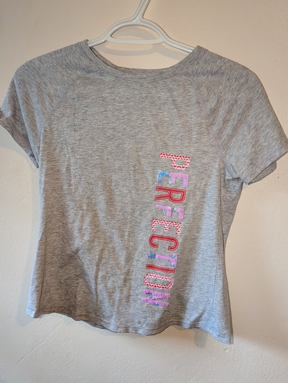 Gray Women's Short Sleeve Tee with 'Perfection' Vertical Accent